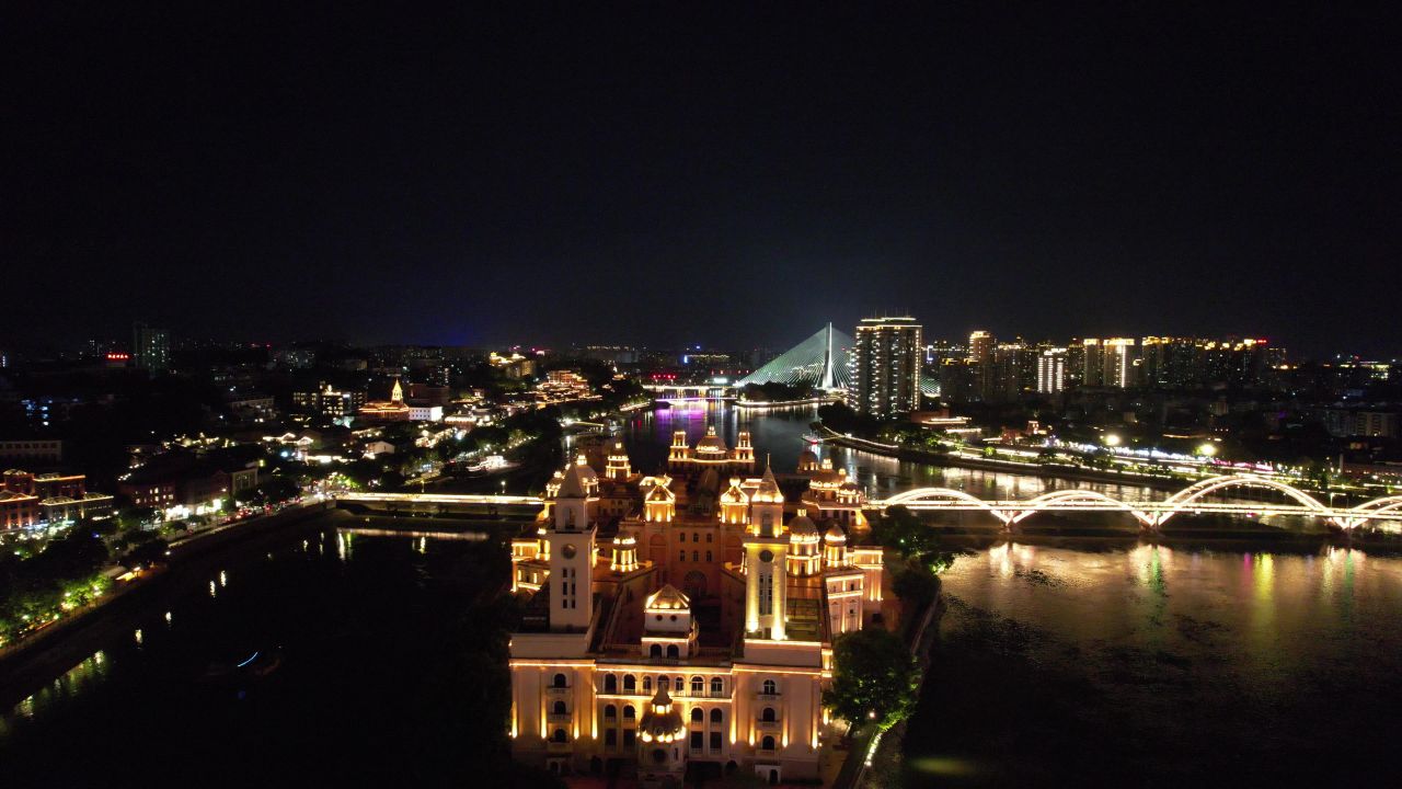 福建福州闽江两岸夜景航拍 