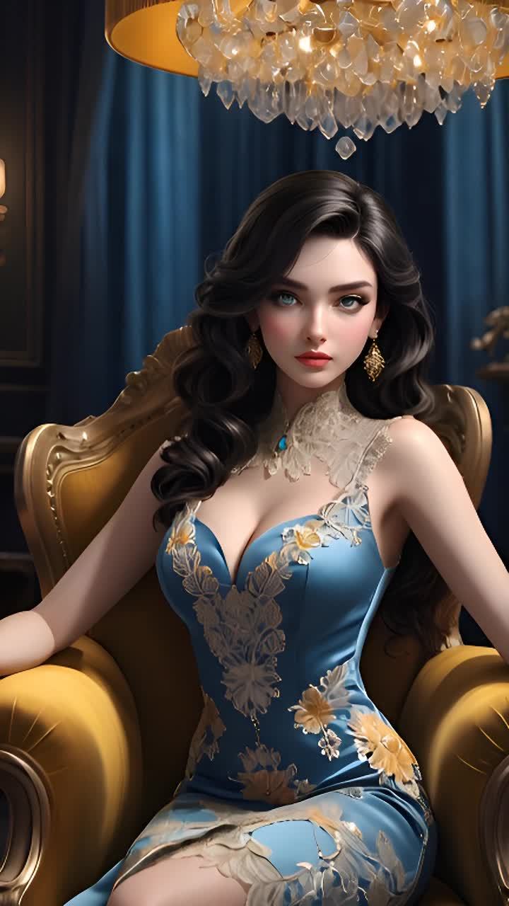 一位女性坐在金色的椅子上，她穿着一件蓝色连衣裙，上