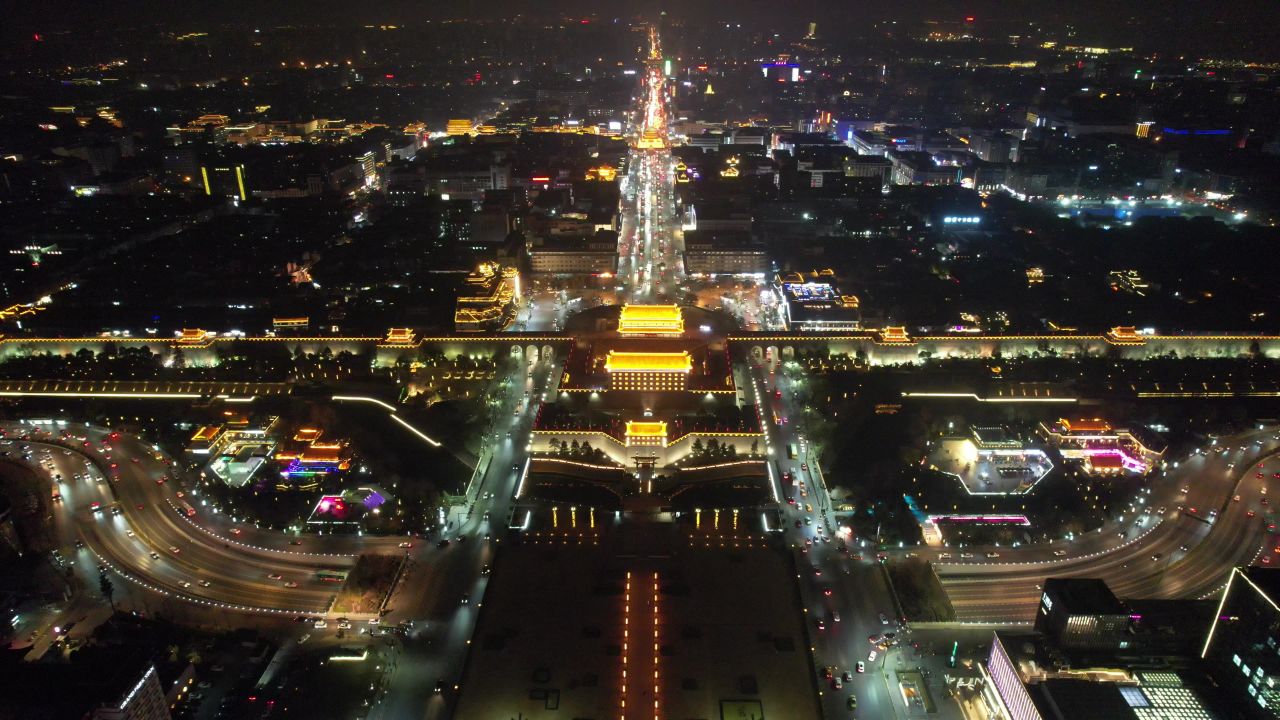 西安永宁门夜景灯光航拍