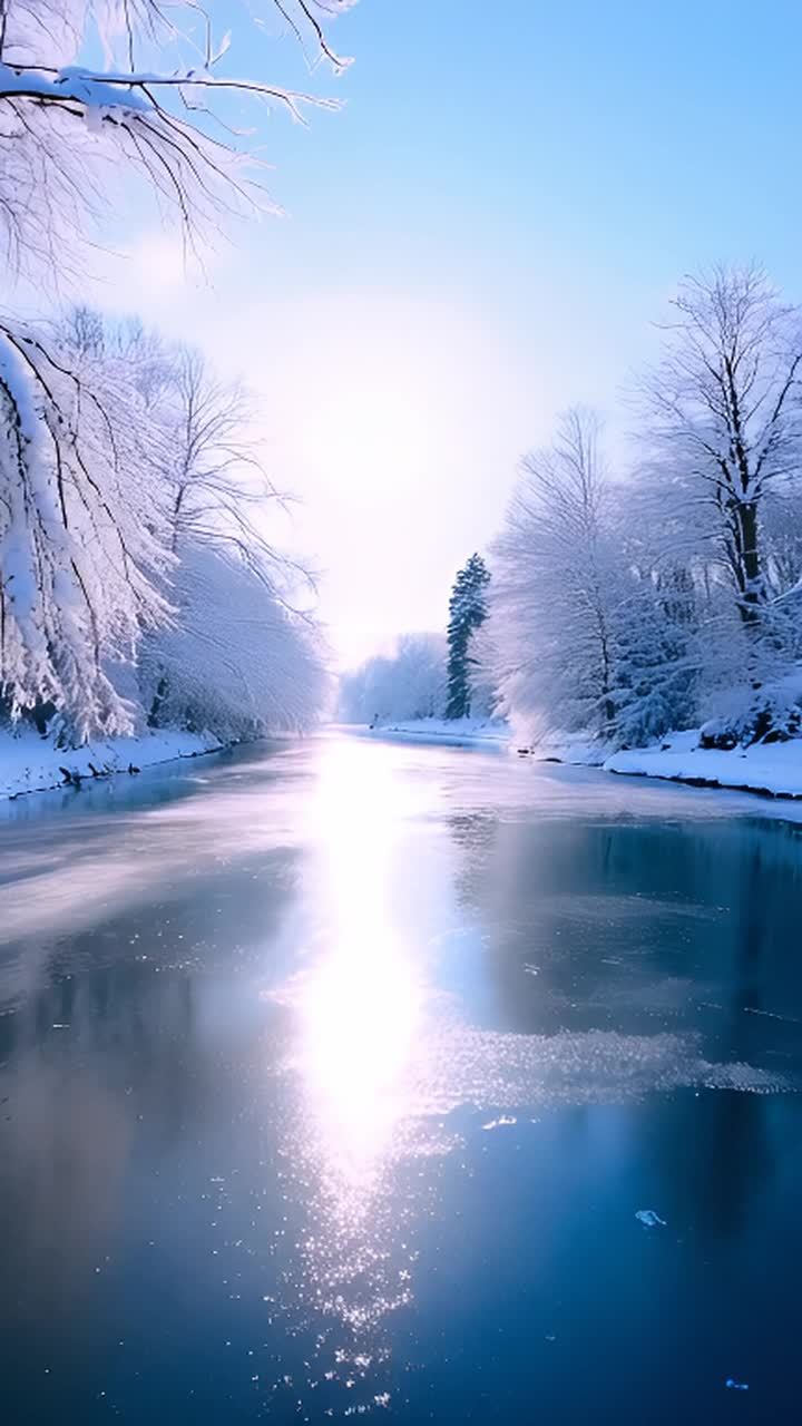 一条平静的冬季河流表面结冰。河岸两旁是覆盖着积雪的