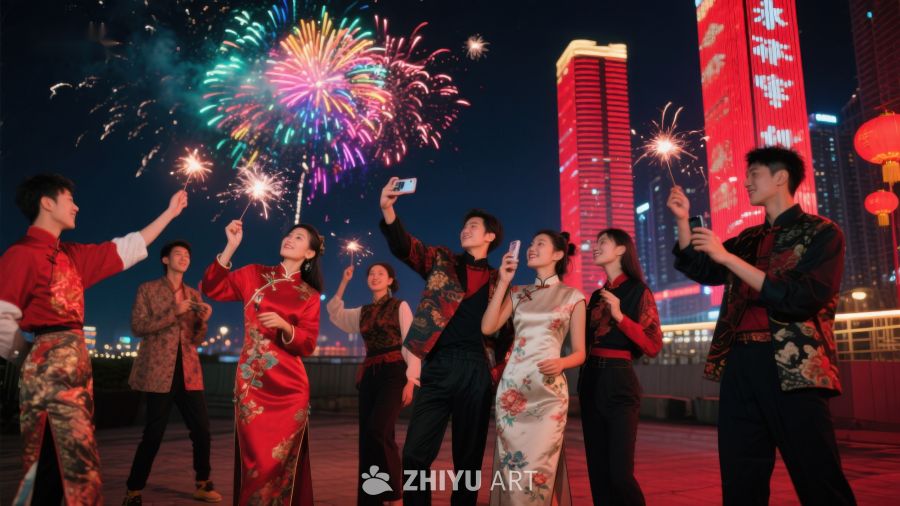 烟花夜景中的人群欢庆时刻 1166