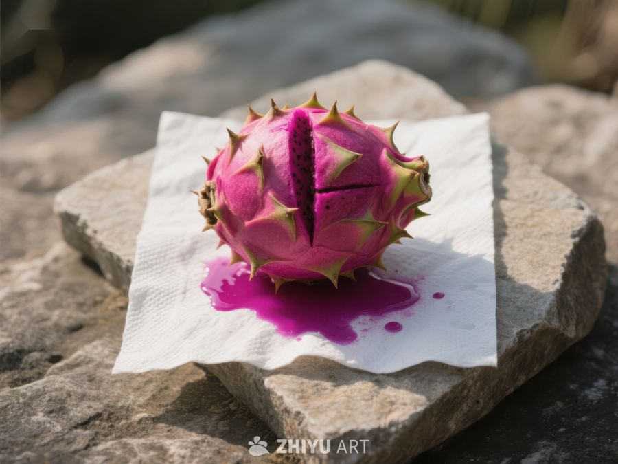 切开的火龙果置于石上 364