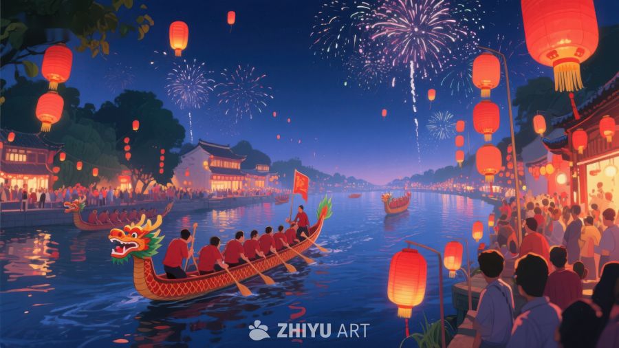 夜景龙舟赛与烟花庆典 414