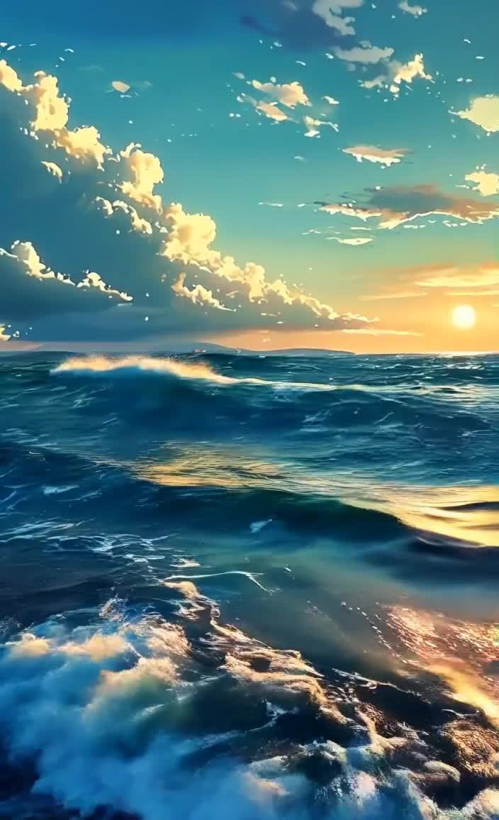 海天一色波光粼粼，金色夕阳下的小船与浪花