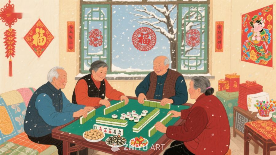 冬日暖阳下，老人围桌打麻将 155