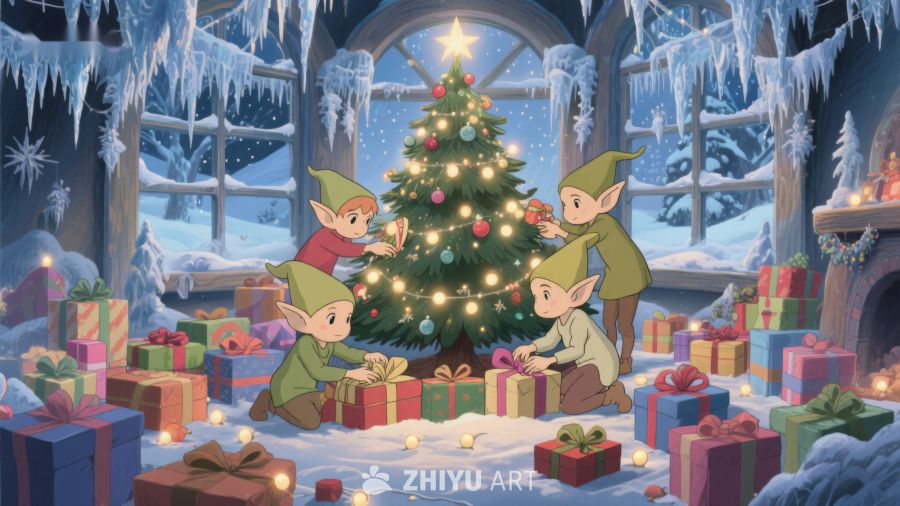 精灵围绕圣诞树装饰礼物 154