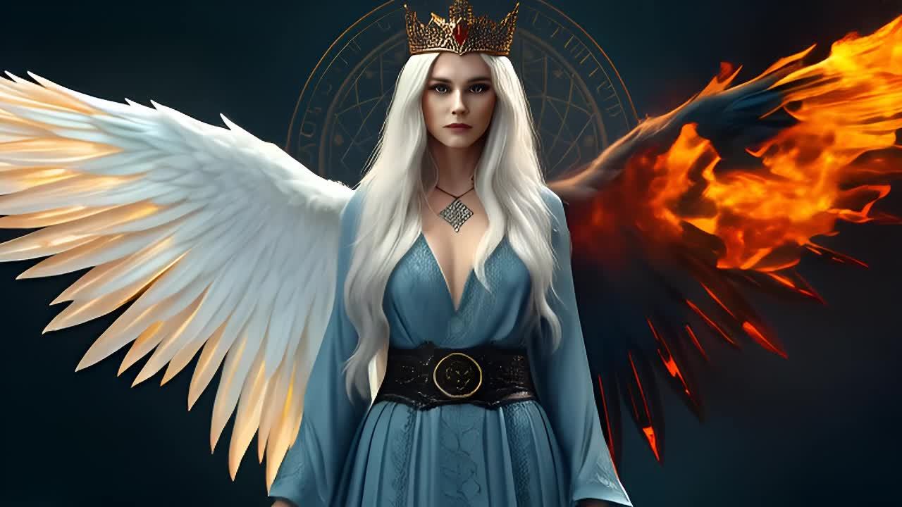 白发女性立于空灵领域，一侧冰晶之翼闪烁光辉，一侧燃