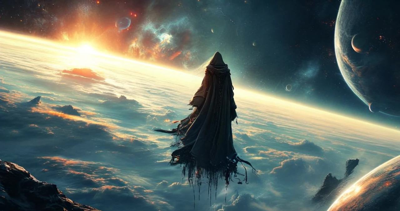 一名身着黑色长袍的人物伫立在星球表面，俯瞰着被云层