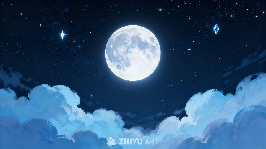 浪漫梦幻蓝色中秋月夜山景背景 7