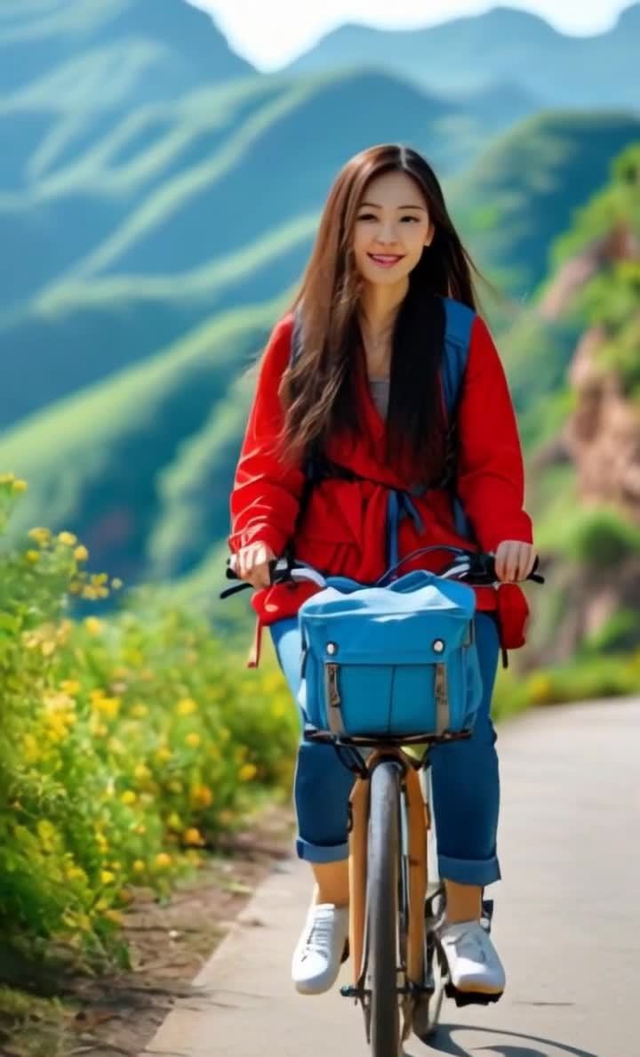骑自行车少女在户外公路上，背景是山脉。