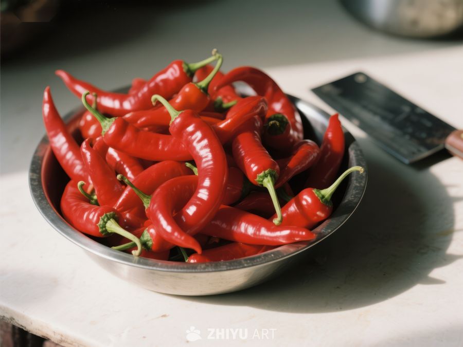 新鲜红辣椒装满金属碗 487