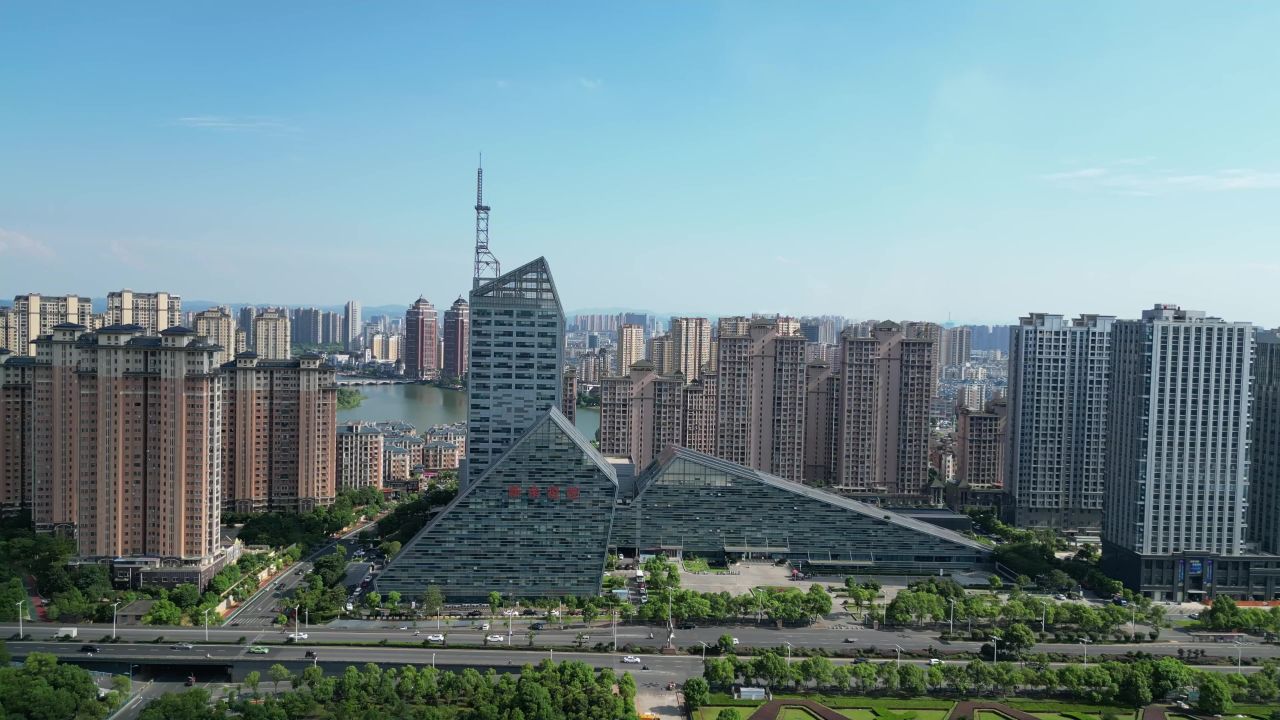 航拍新余图书馆文化中心广电大楼