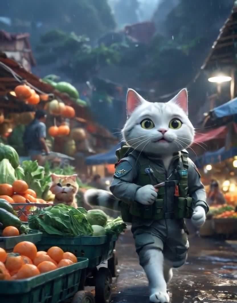 一只灰白相间的猫穿着绿色制服，背着背包，在湿漉漉的