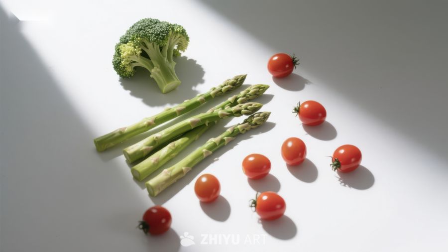 新鲜蔬菜组合：西兰花、芦笋与樱桃番茄