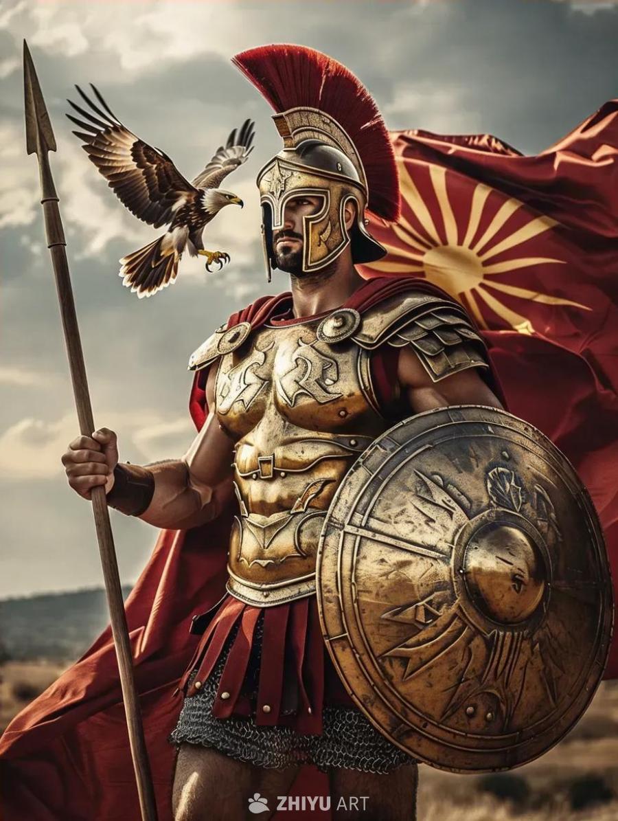一位马其顿战士身穿盔甲，一手持矛，一手持盾。战士身