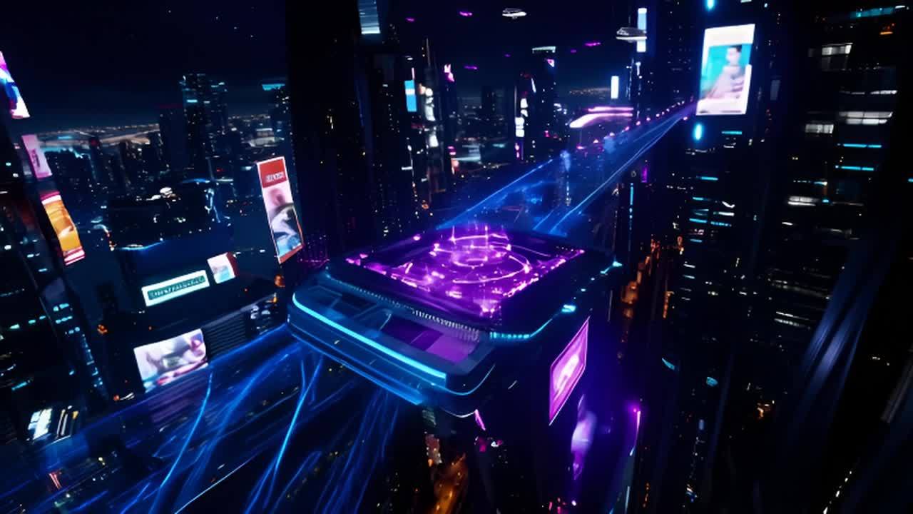 夜间的未来城市景观，一个高科技平台被蓝色和紫色的霓