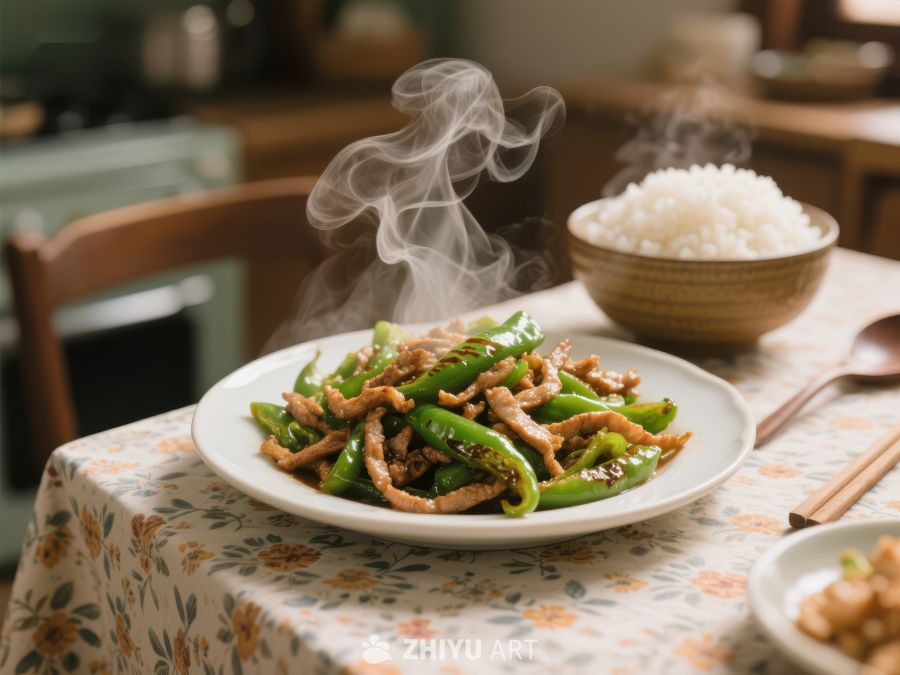 热腾腾的青椒肉丝配白米饭 843