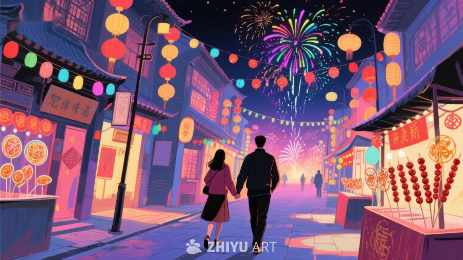 夜市灯火阑珊，情侣共赏烟花 130