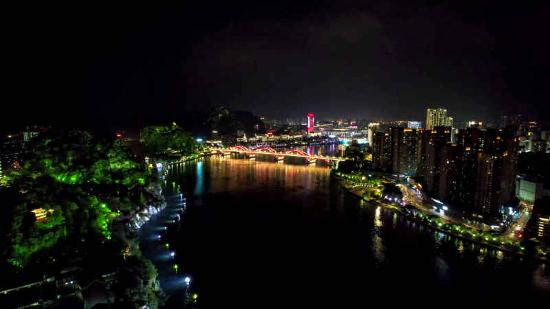 航拍广西柳州柳江夜景文惠桥  