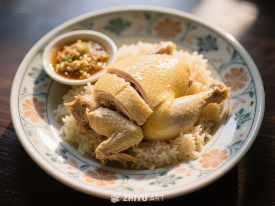 白切鸡配米饭，佐以酱料 6