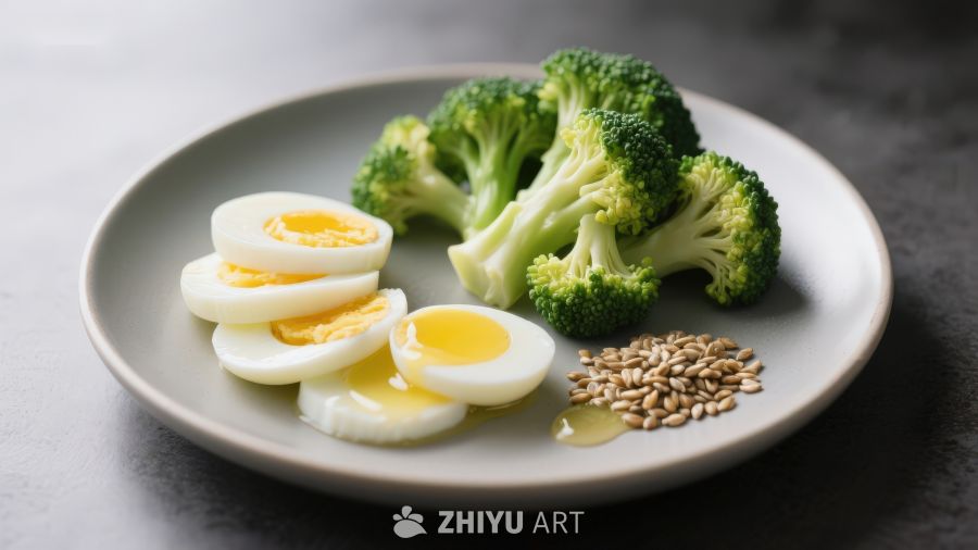 盘中煮蛋西兰花与种子