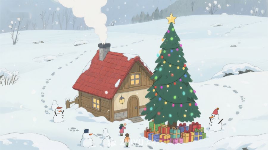 雪地小屋旁的圣诞树 256