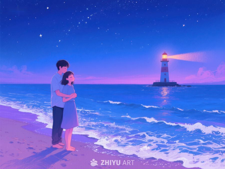 夜空下的灯塔与情侣 1040