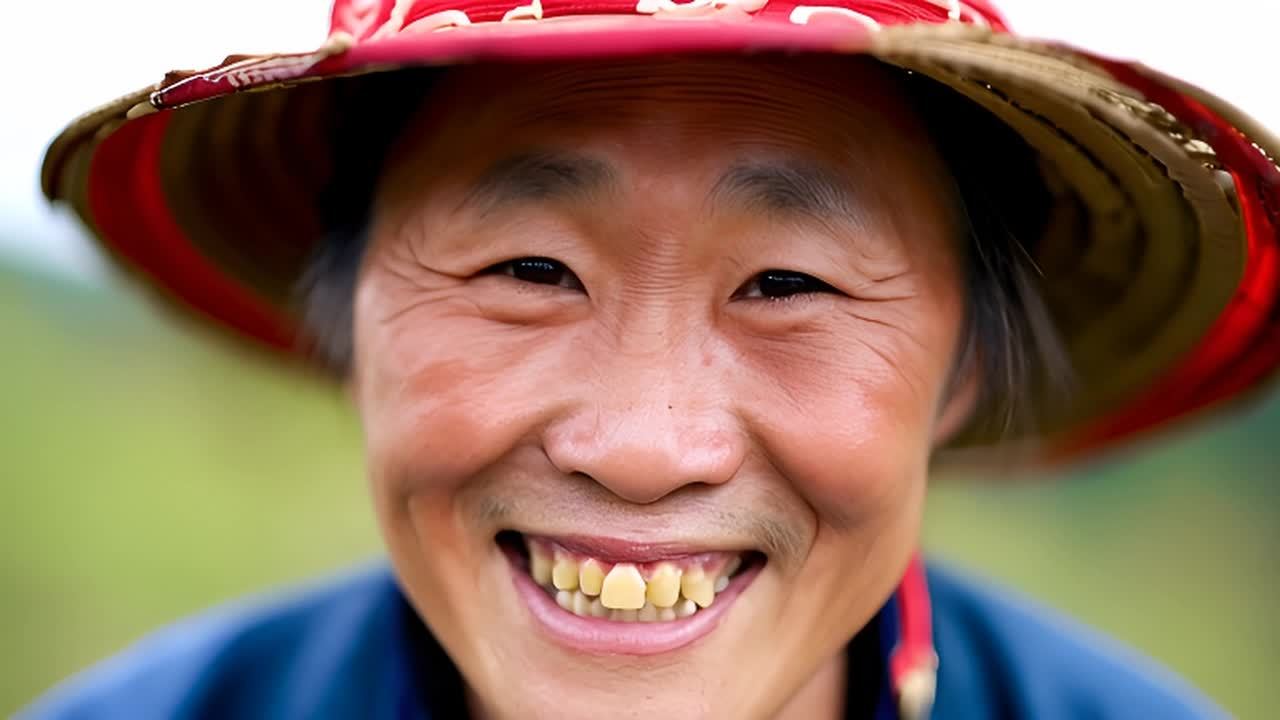 一位微笑的中国人，眼睛微眯，露出明显的牙齿，戴着一