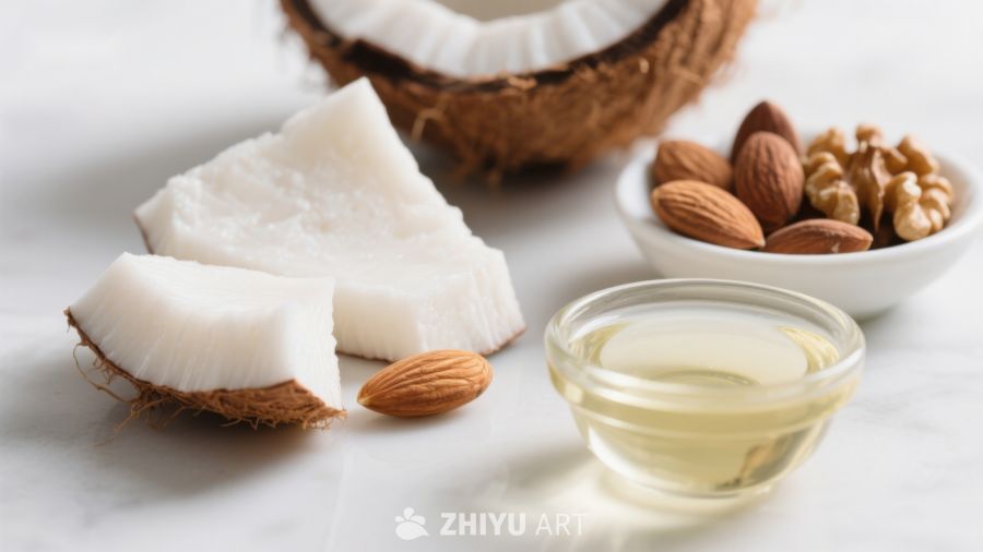 椰子块、坚果与椰子油的健康组合