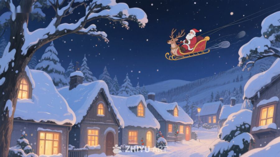圣诞夜雪景中的驯鹿雪橇 233