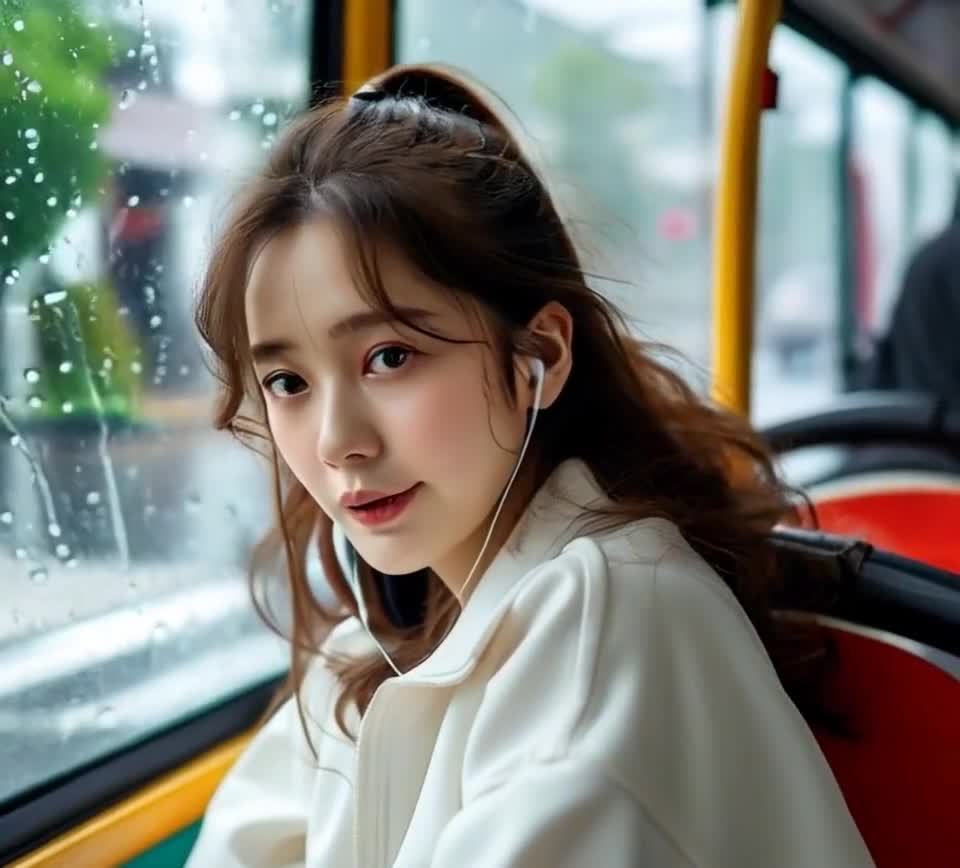 雨天公交车上微笑听歌的女子