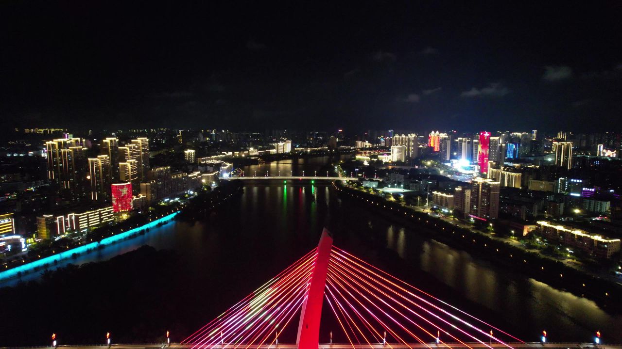 江西赣州飞龙大桥夜景灯光航拍
