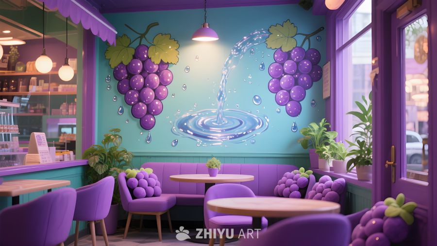 童话风葡萄主题餐吧蓝绿墙绘葡萄水景紫色桌椅配绿植活泼又梦幻