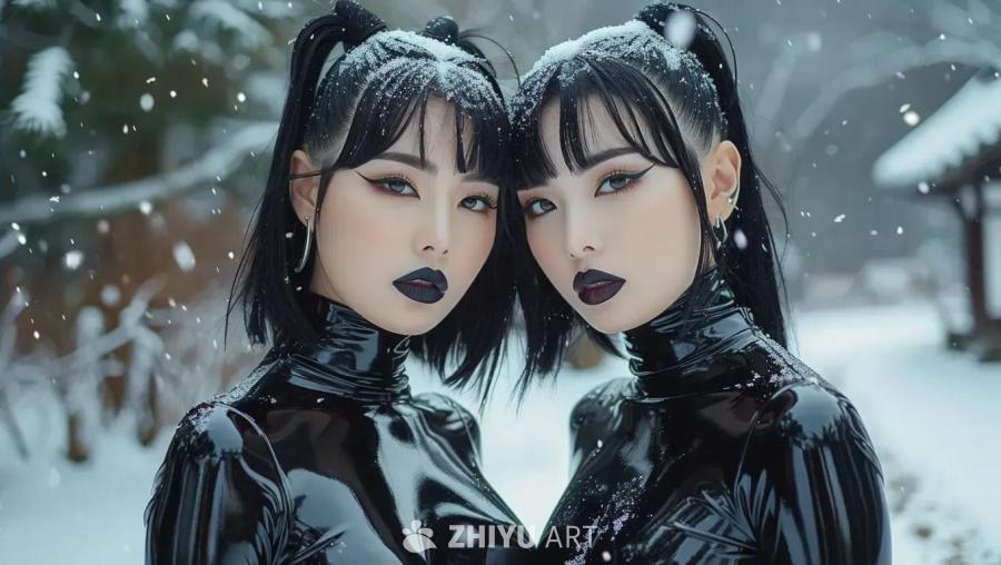 两名年轻女子身穿乳胶紧身衣站在飘雪的户外，她们都留