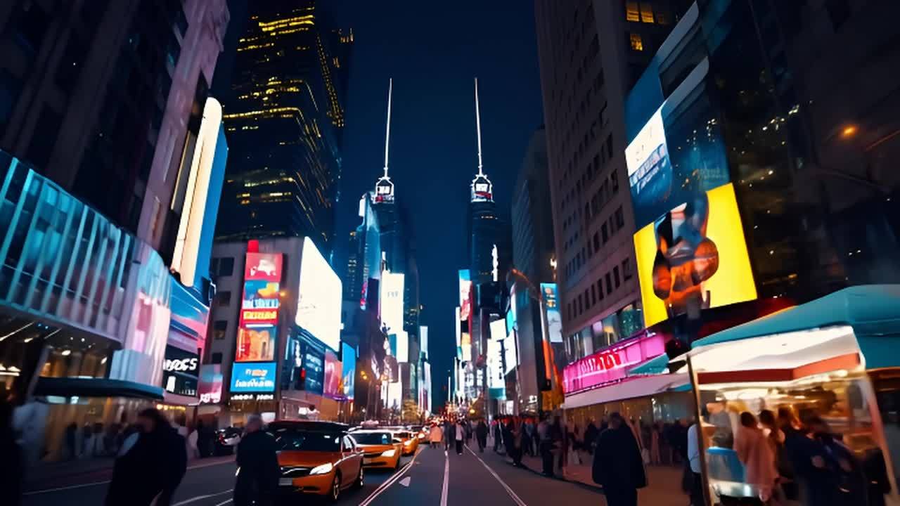 夜间，一个繁华的城市街道，高耸入云的摩天大楼，霓虹