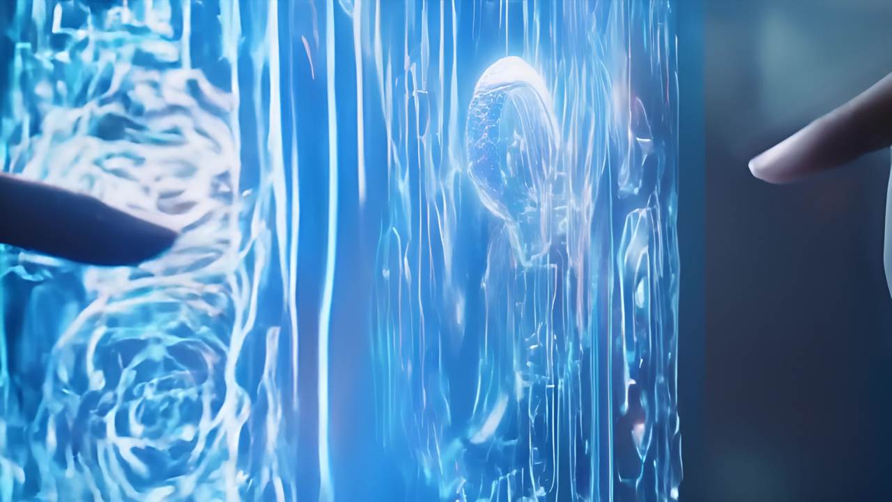 两只手的指尖似乎在触碰一个发光的蓝色屏幕，屏幕上显