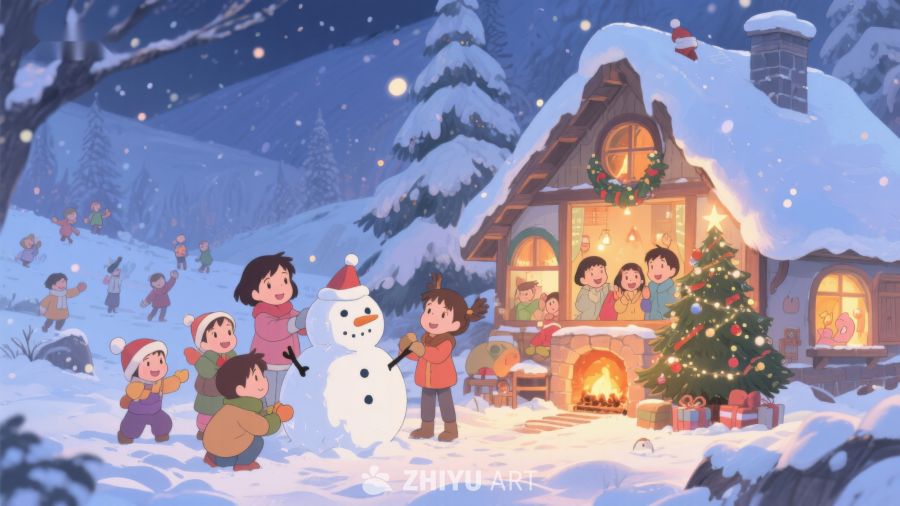 冬夜温馨场景：孩子们堆雪人与家人欢聚 79