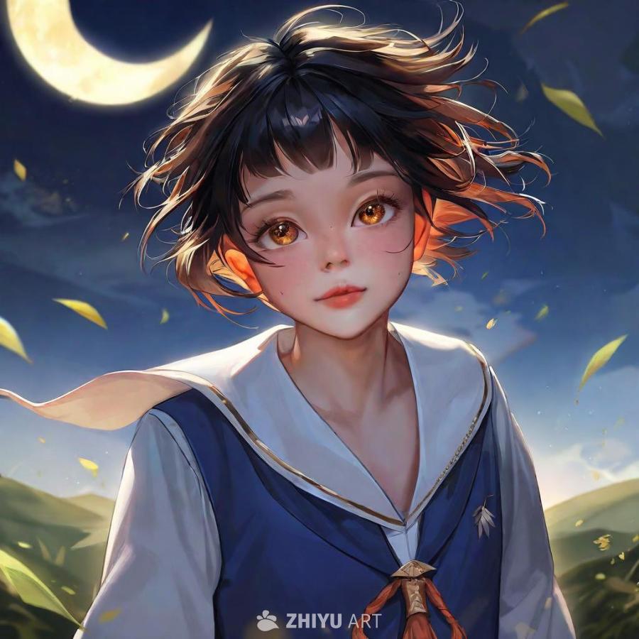 一个穿着类似水手服的小孩，背景是夜空，远处有山丘和