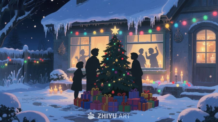 雪夜家庭共聚圣诞树前 349