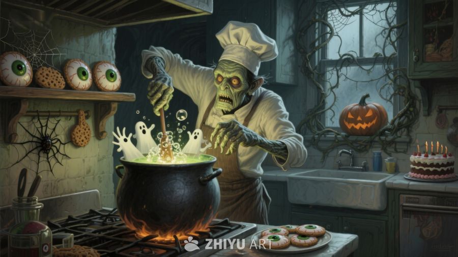 僵尸厨师在厨房熬制魔法汤