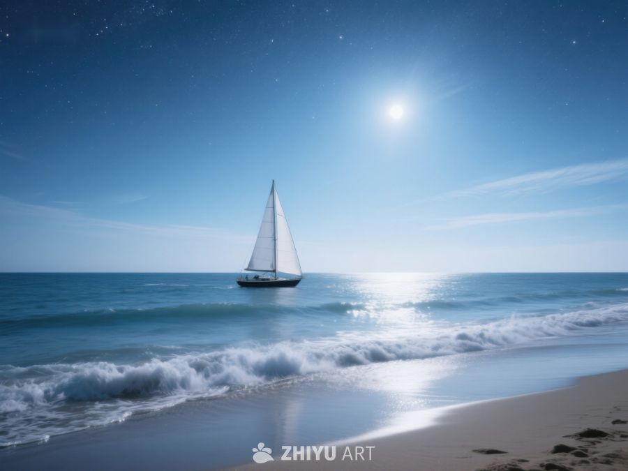 月光下的帆船与海滩 561
