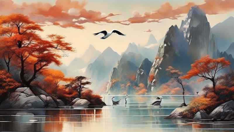 国风山水鹤插画背景 59