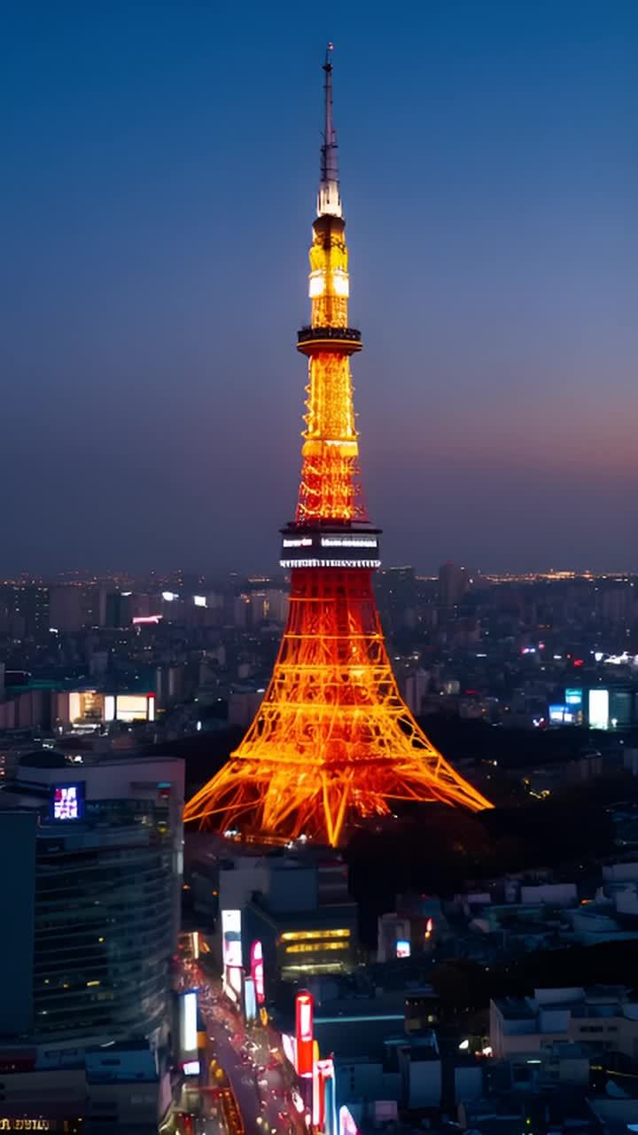 东京塔在夜晚的天空下显得高耸，塔身被温暖的橙色灯光