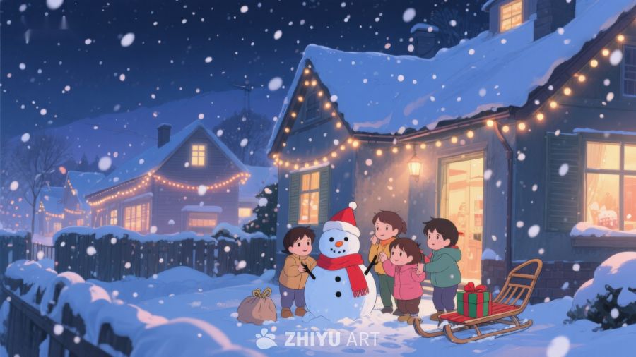 冬夜雪景中孩子们与雪人 101