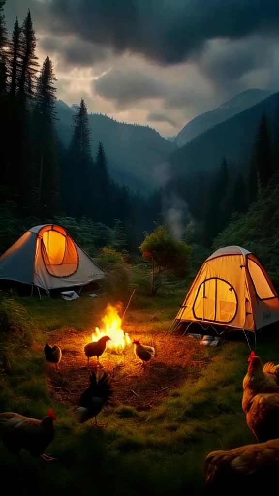 在山间营地，有三个帐篷，其中两个帐篷发出光亮。营地