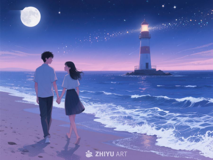 月下情侣海边漫步，远处灯塔闪烁 1121