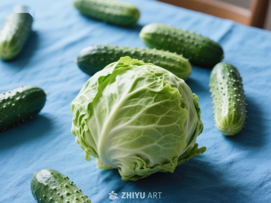 新鲜卷心菜与黄瓜的静物组合 559
