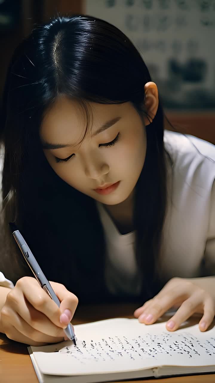 一位女士正在笔记本上写字，她手里握着一支笔。笔记本