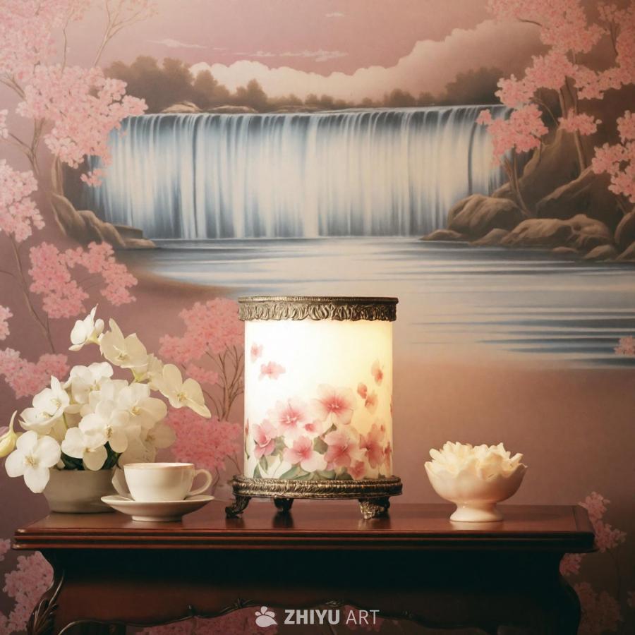 一张装饰精美的房间图片，桌子上放着一个瀑布主题的灯