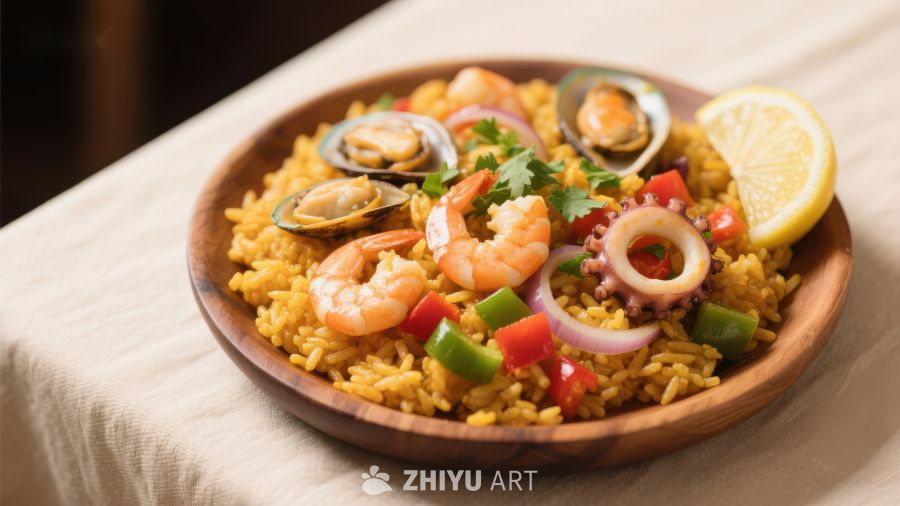 海鲜炒饭，色彩斑斓的美味佳肴
